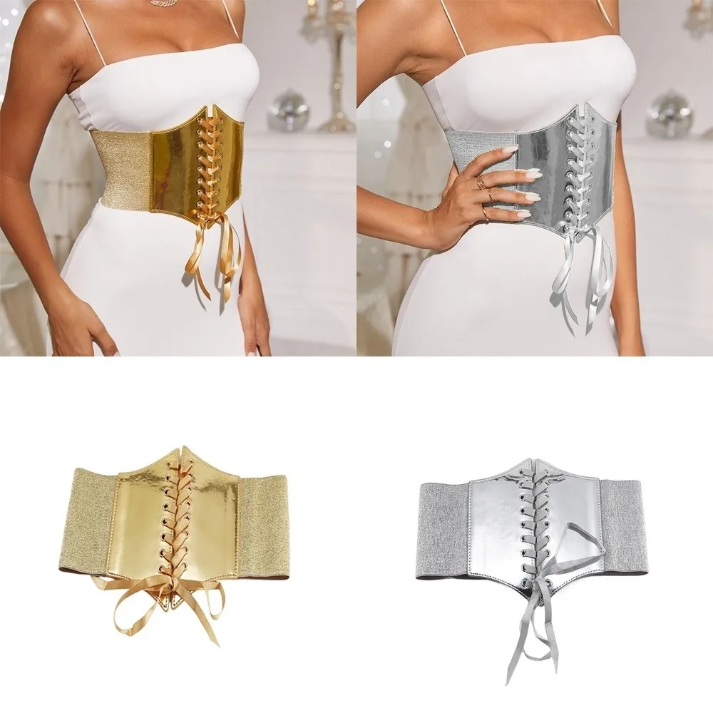 Versatile Retro Waist Belt Gold Silver PU Leather Wide Belt Lace Up Elastic Design Waist Strap for Women