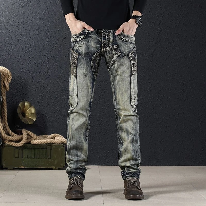 Mens Cowboy Pants Stretch Hip Hop Korean Jeans for Men Fashion Baggy Straight Original Trousers New In Casual Low Rise Washed XL