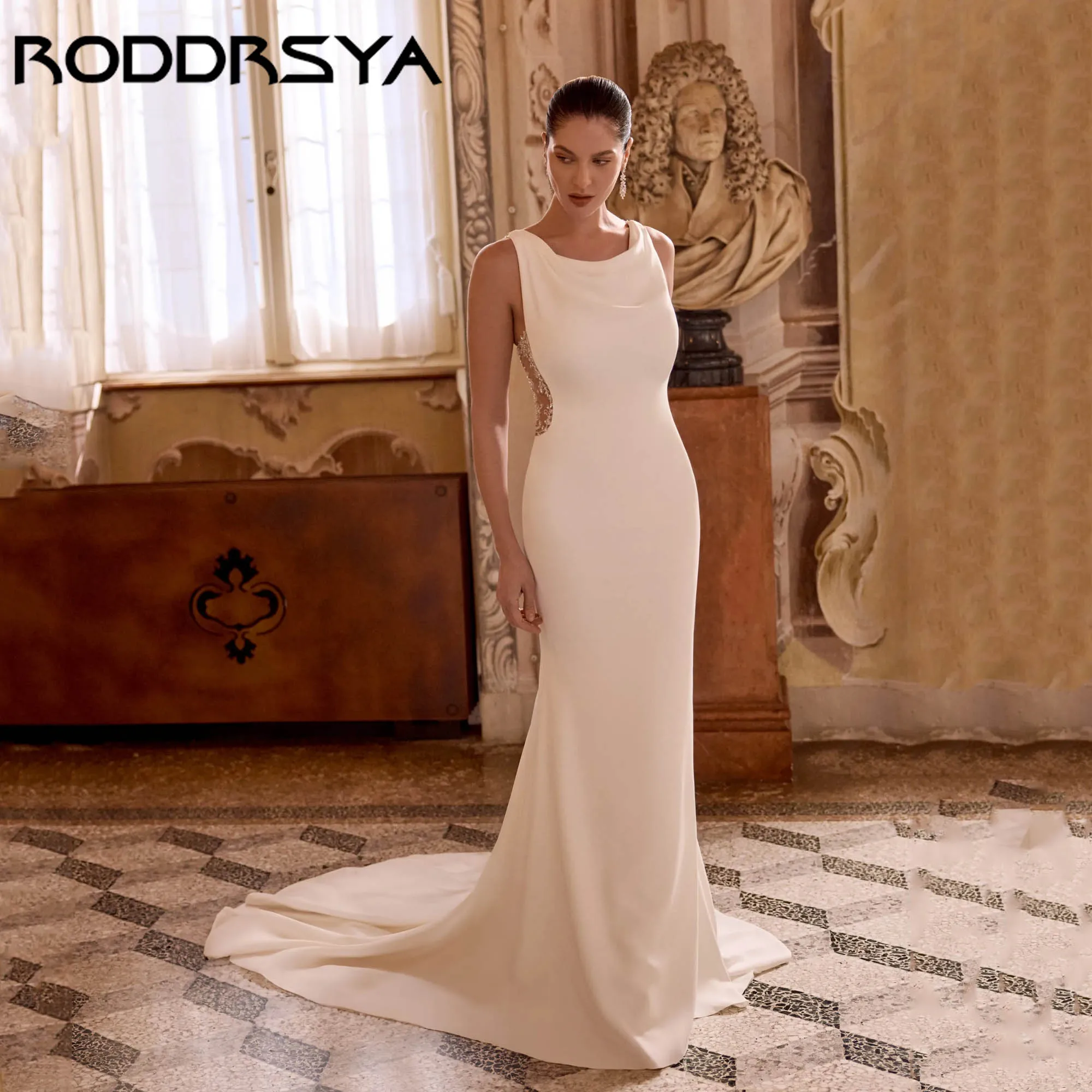 

RODDRSY Мягкие атласные расклешенные свадебные платья без рукавов с иллюзией сзади Свадебные платья Элегантные платья русалки на заказ