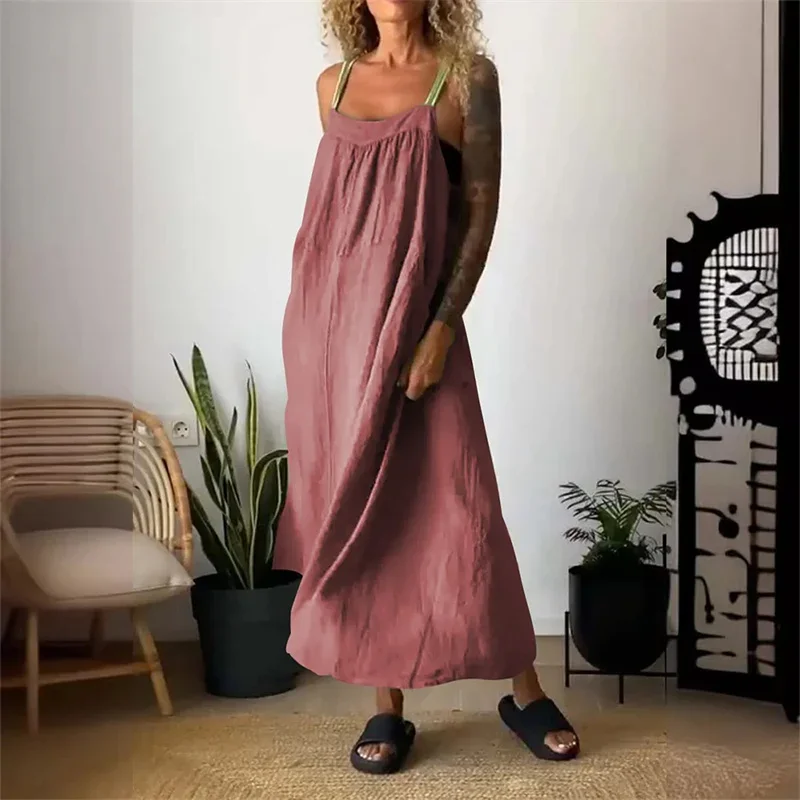 Women Cotton Linen Solid Color Dresses Side Pocket Backless Suspenders Dress Female Daily Comfortable Casual Commuter Gown 2024