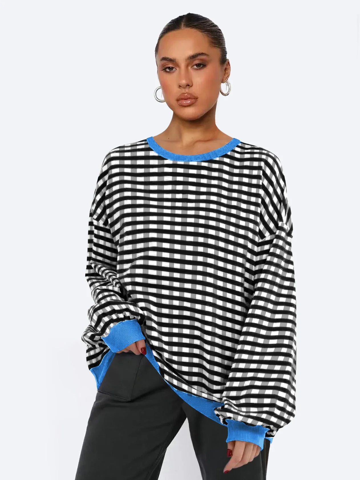 New Women'S Checkered Sports Shirt  Contrasting Long Sleeved Round Neck Oversized Casual Loose Sweatshirt Pullover