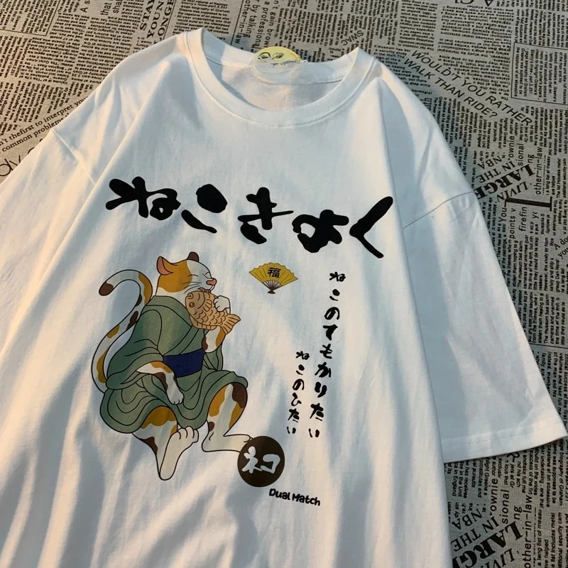Original japanisches Retro-Spaß-Cartoon-Druck-Kurzarm-T-Shirt für Damen, trendiges Rundhals-T-Shirt für Damen
