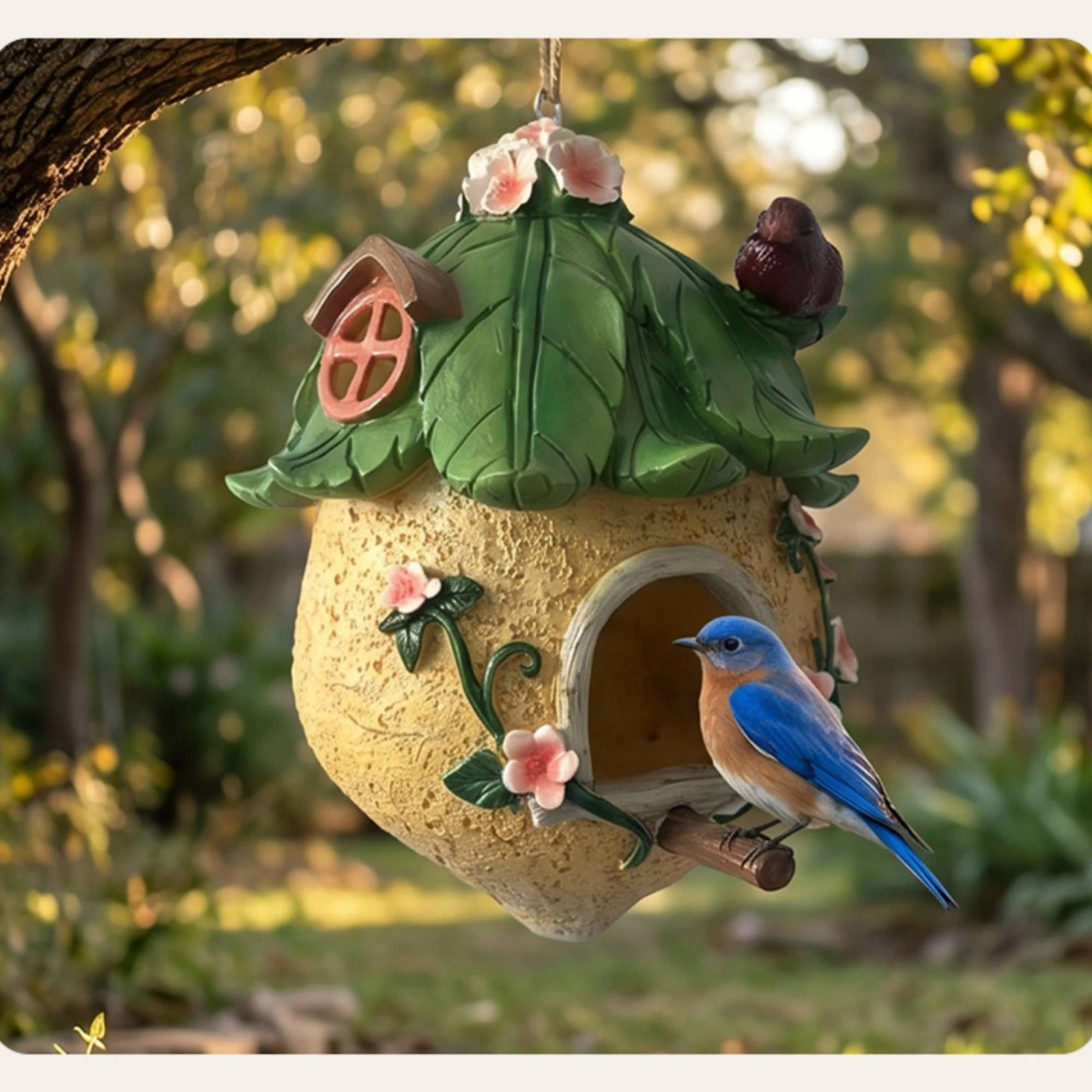 Birdhouse Ornament Resin Hanging Ornament with Cord Garden Accent Hand-Painted Bird Shelter Nature-Inspired for Gardeners, Porch