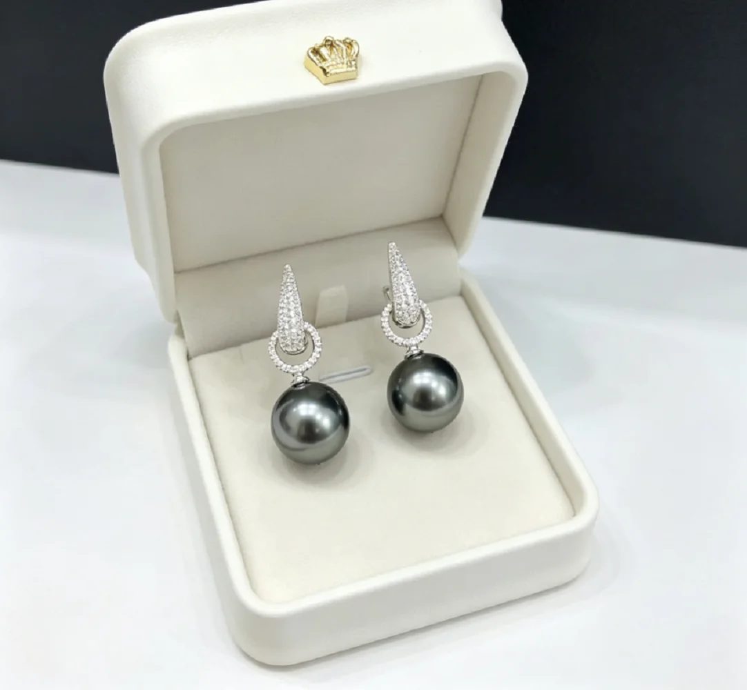 Gorgeous earrings AAAA 9-10mm/10-11mm natural Tahitian black pearl earrings 925s pure silver