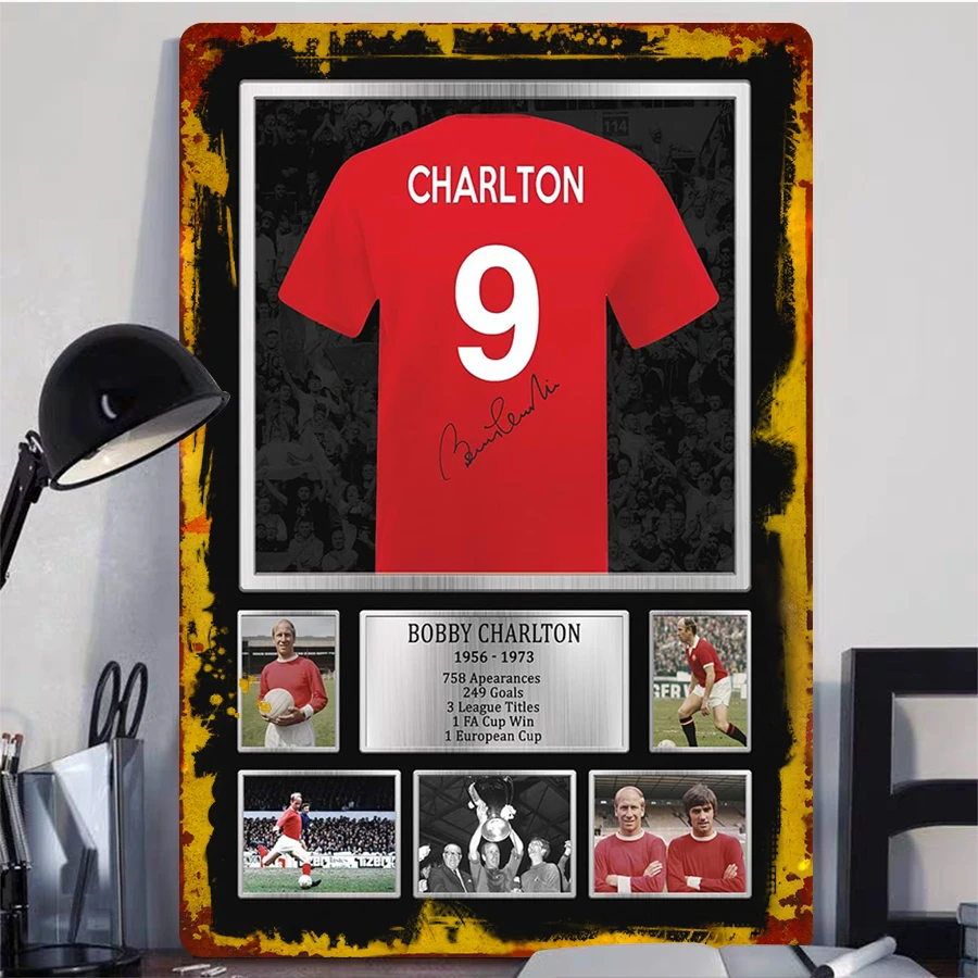 بوبي تشارلتون توقيع مانشستر يونايتد رقم 9 ملصق معدني أسطوري لحظات البطولة المهنية القابلة للجمع