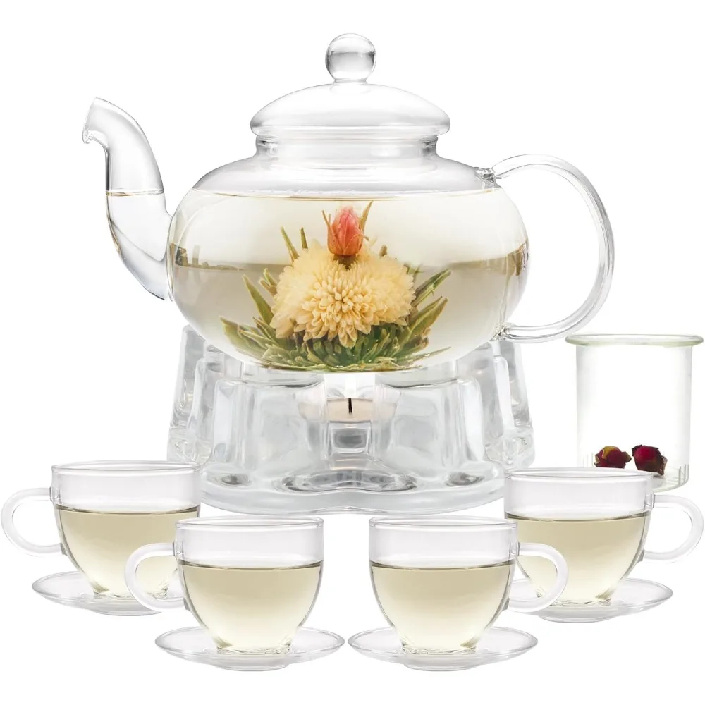 

34OZ Glass Teapot Set with Infuser, Warmer, and 4 Cups, Stovetop & Microwave Safe Tea Maker Gift