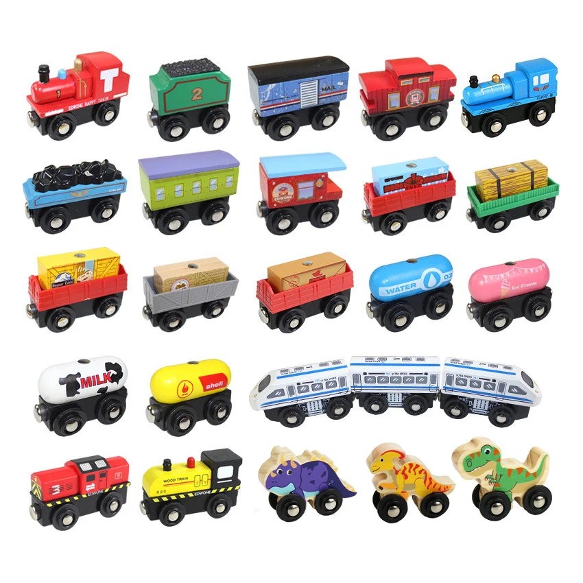

EDWONE Wooden Magnetic Train For Wooden Tracks Ambulance Fire Truck Wood Railway Car Accessories Toys For Kids Gifts