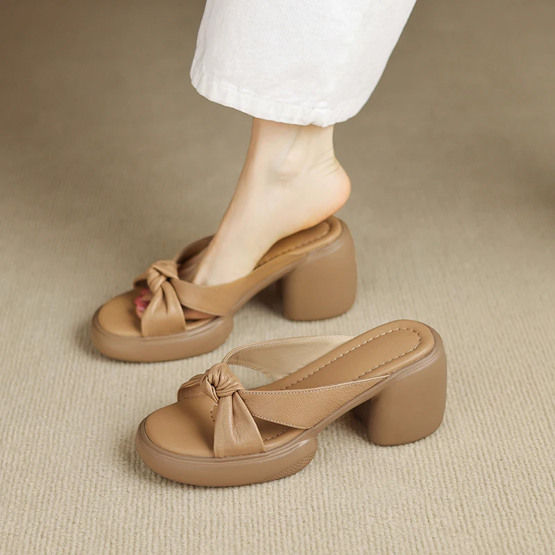 2026 summer women sandals natural leather 22-25cm soft sheepskin+microfiber cross-strap mules high heel women slippers fashion