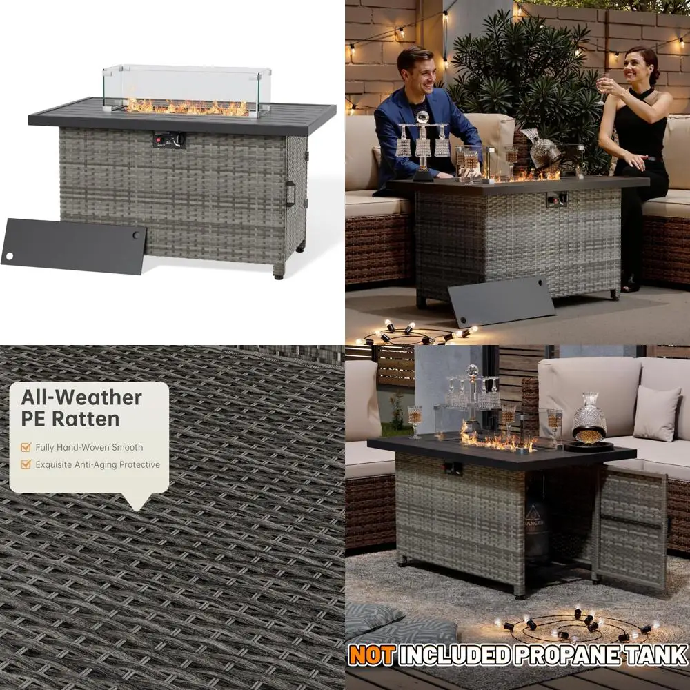 

44 Inch Outdoor Propane Fire Pit Table with 50,000 BTU, Glass Wind Guard, and Lid for Patio and Garden