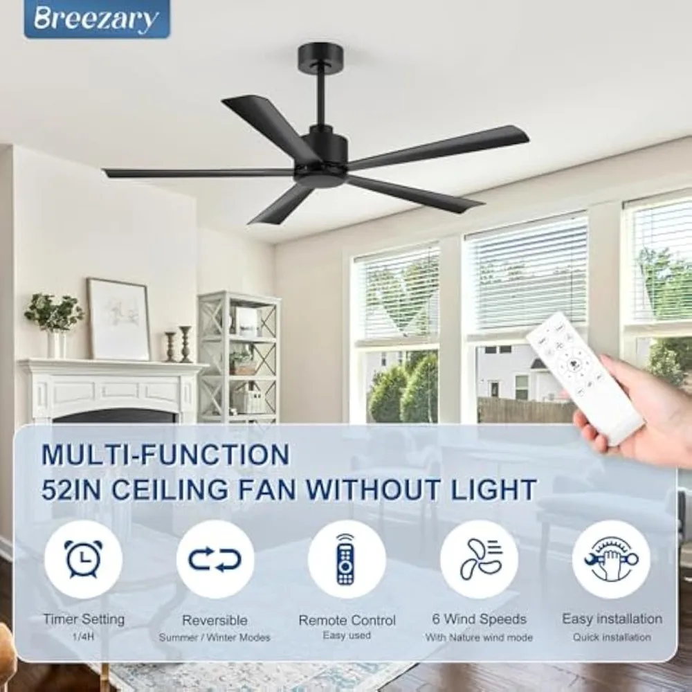 52 inch 5 Blade Ceiling Fan Remote Control, Quiet Reversible DC Motor, 6-Speed Home Kitchen