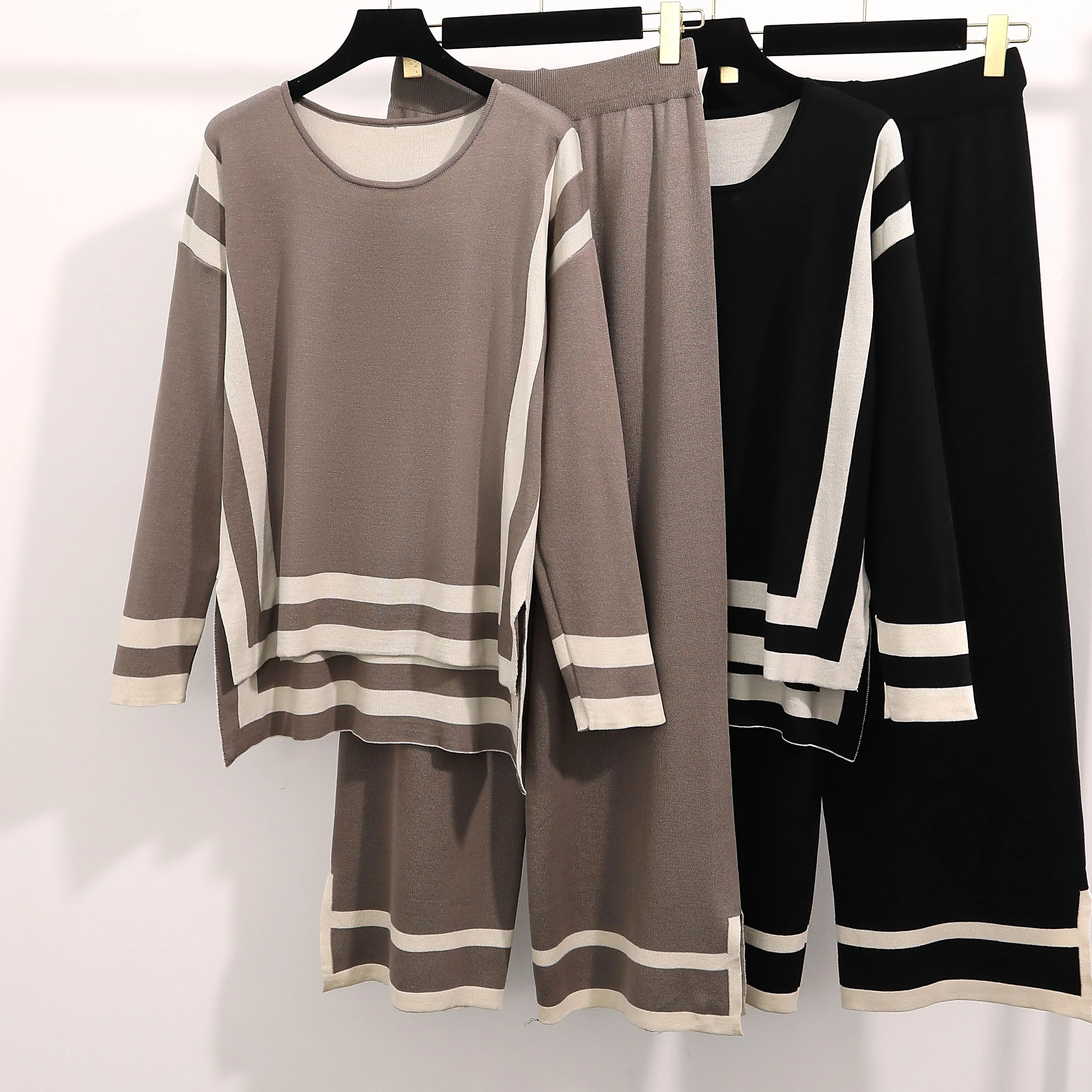 Women Elegant Knit Set O-Neck Stripe Splice Long Sleeve Top And Wide Leg Pants Office Lady's Casual Suit Loose Sweater Homewear