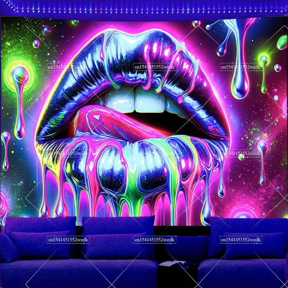 Blacklight Lip Tapestry Glowing Tapestry UV Reactive Neon Posters Wall Hanging For Living Room Party Decor Photo Shoot Props