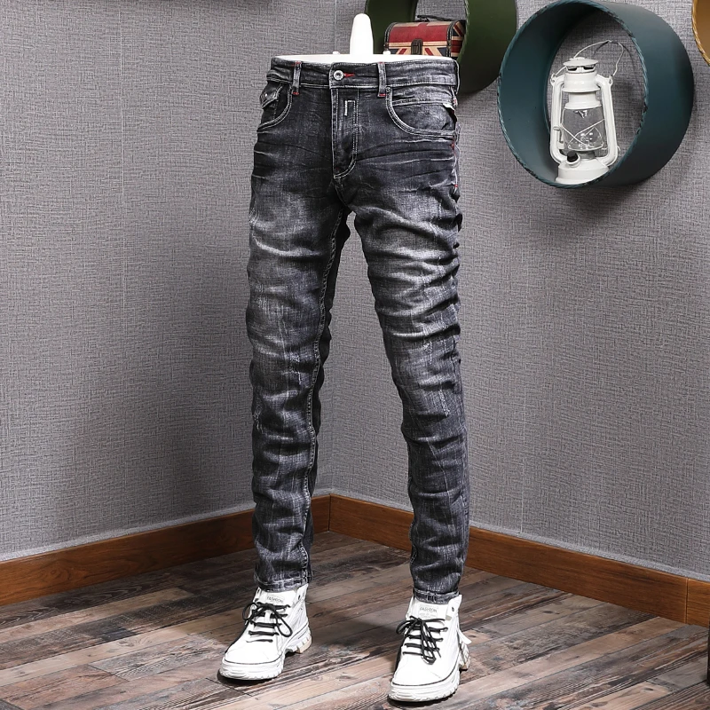Fashion Designer Men Jeans Retro Black Gray Elastic Stretch Slim Fit Trendy Trousers Ripped Jeans Men Vintage Denim Pants Hombre