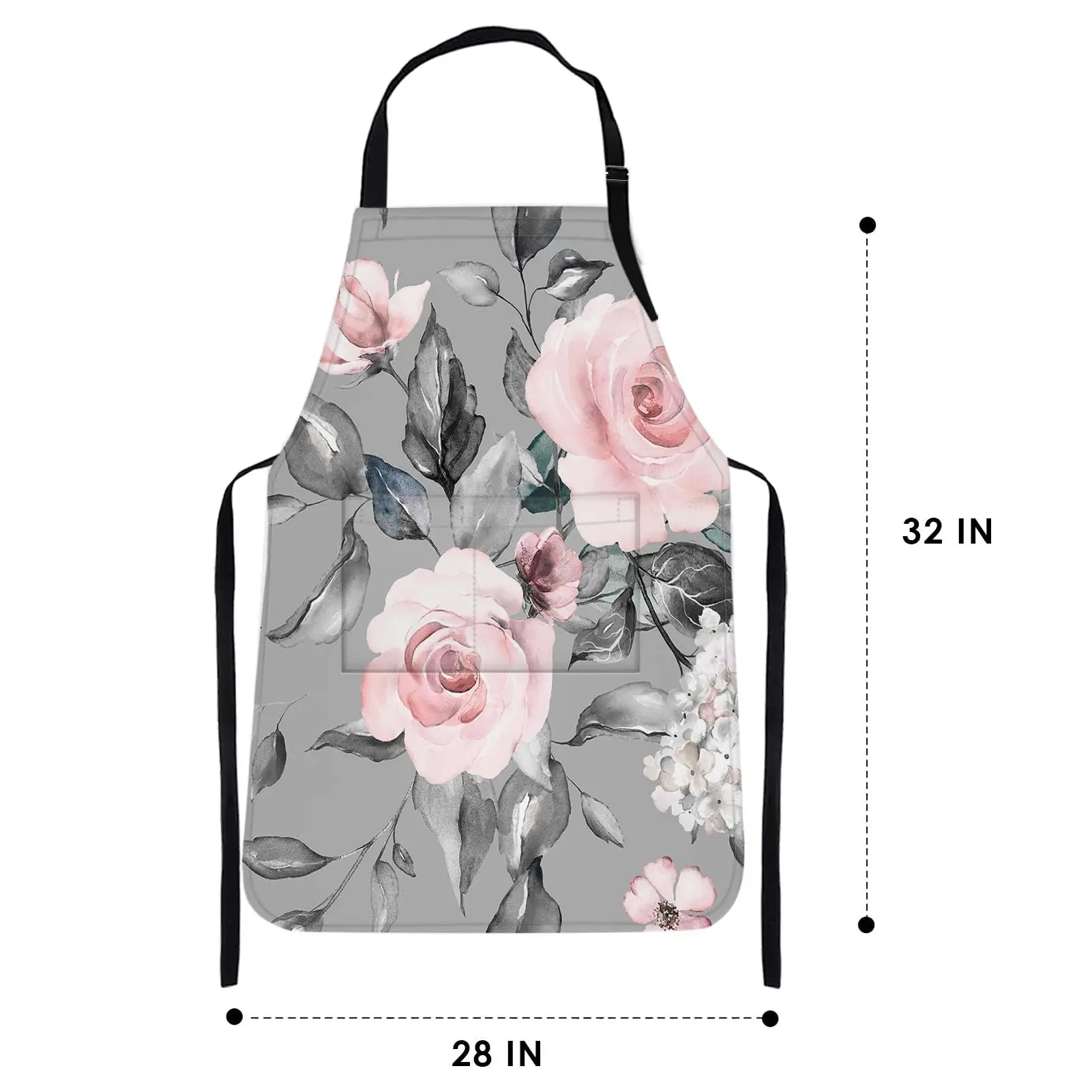 Apron Home Kitchen Cooking Baking Gardening for Women Men with Pockets Spring Flowers Leaves Floral Rose 32x28 inch