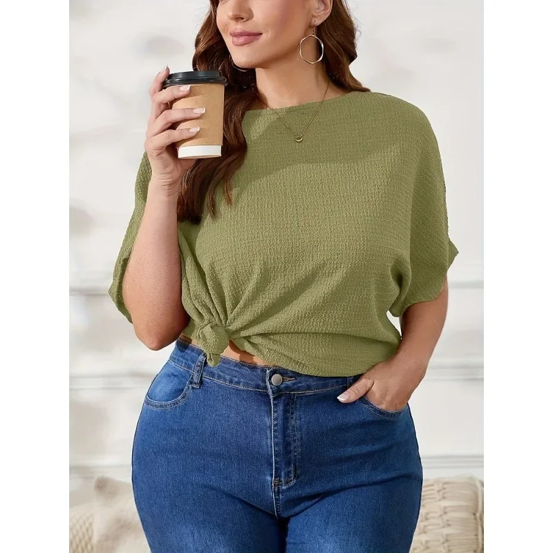 

Плюс размер 1XL-5XL, новая женская рубашка с коротким рукавом и вырезом «летучая мышь», текстурированная повседневная футболка