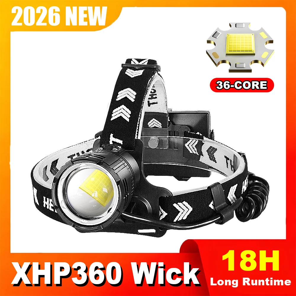 2026 New XHP360 Powerful Headlight Ultra Bright Long Runtime Led Headlamp Rechargeable Head Flashlight 18650 for Fishing Camping