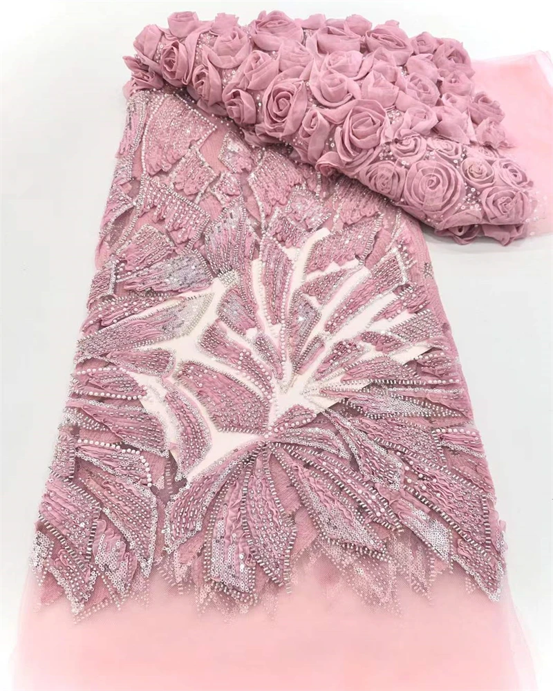 

African Lace Fabric High Quality French 3D Flower Sequins Embroidery Beads Tulle Lace Fabric For Party Dress
