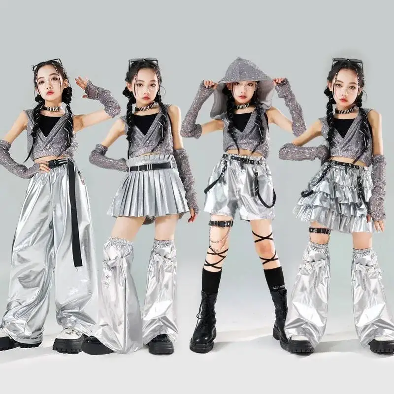 

Girls Sequin Crop Hoodies Street Dance Shorts Kids Skirts Hip Hop Jazz Silver Pants Clothes Sets Child Streetwear K-pop Costumes