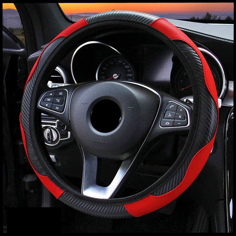 Car Accessories Carbon Fiber Pu Leather Steering Wheel Cover For Geely Coolray Abarth 595 Accessories Bmw Steering Wheel Cover