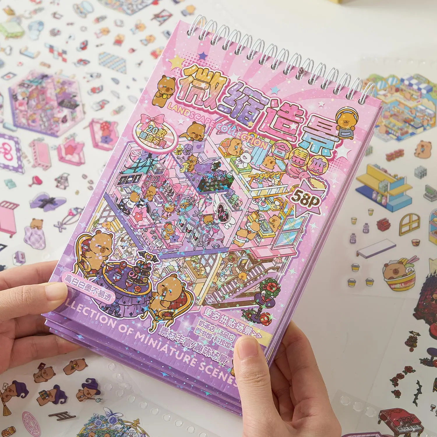 58pcs/kantong Stiker Miniatur Pemandangan Kawaii Buku Stiker Guinea Pig Town 6.0 DIY Pemandangan 3D untuk Jurnal Hadiah Penghilang Waktu