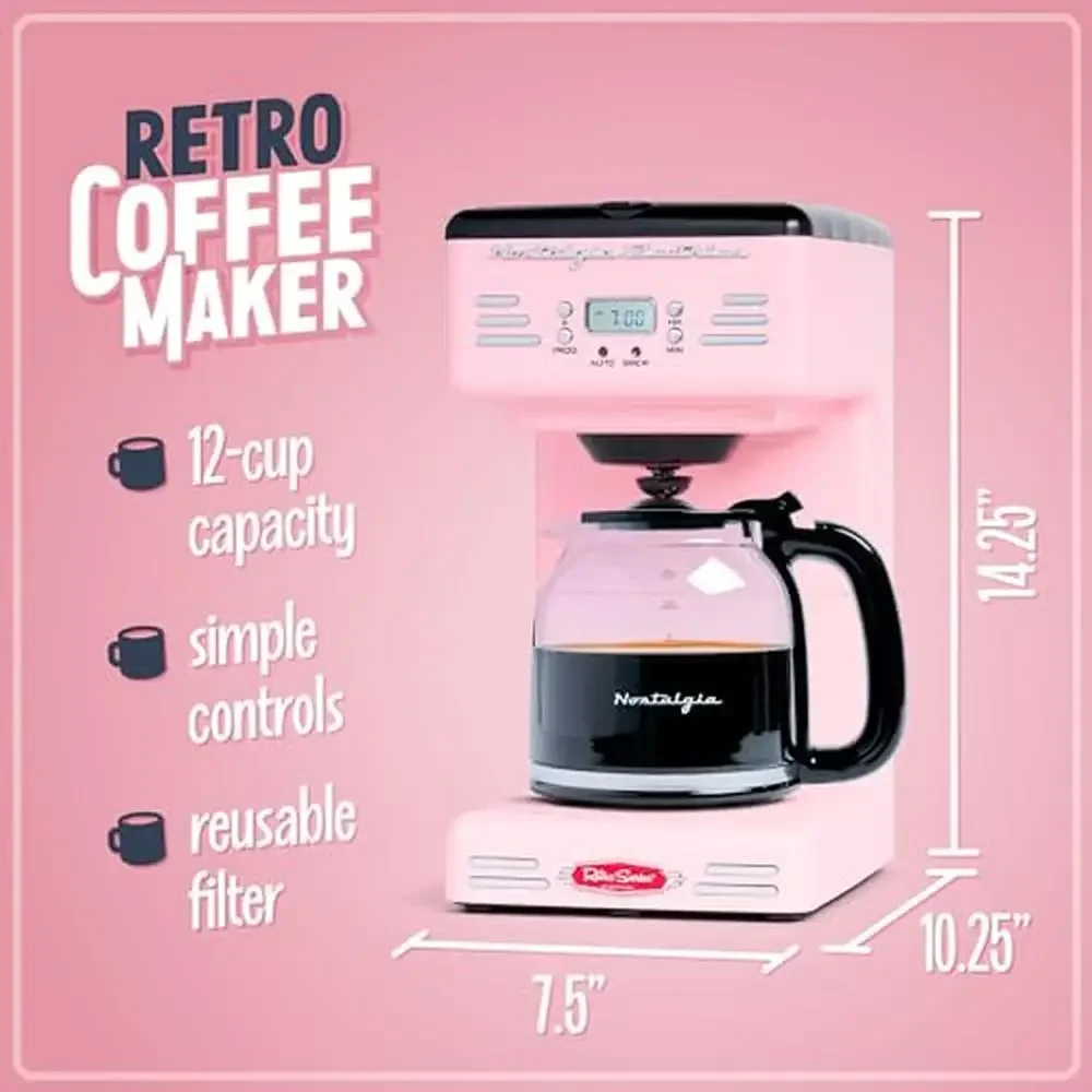 12-Cup Programmable Coffee Maker LED Display Automatic Shut-Off Keep Warm Pause-And-Serve Function Pink Drip Machine 1000W 110V