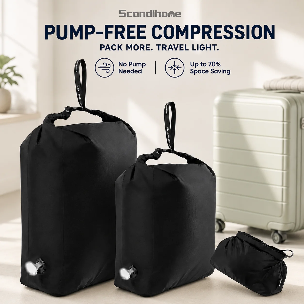 Luggage Vacuum Compression Bag Pump Free Reusable Vacuum Storage Bag 70% Space Save Waterproof Travel Clothes Sealed Packing Bag