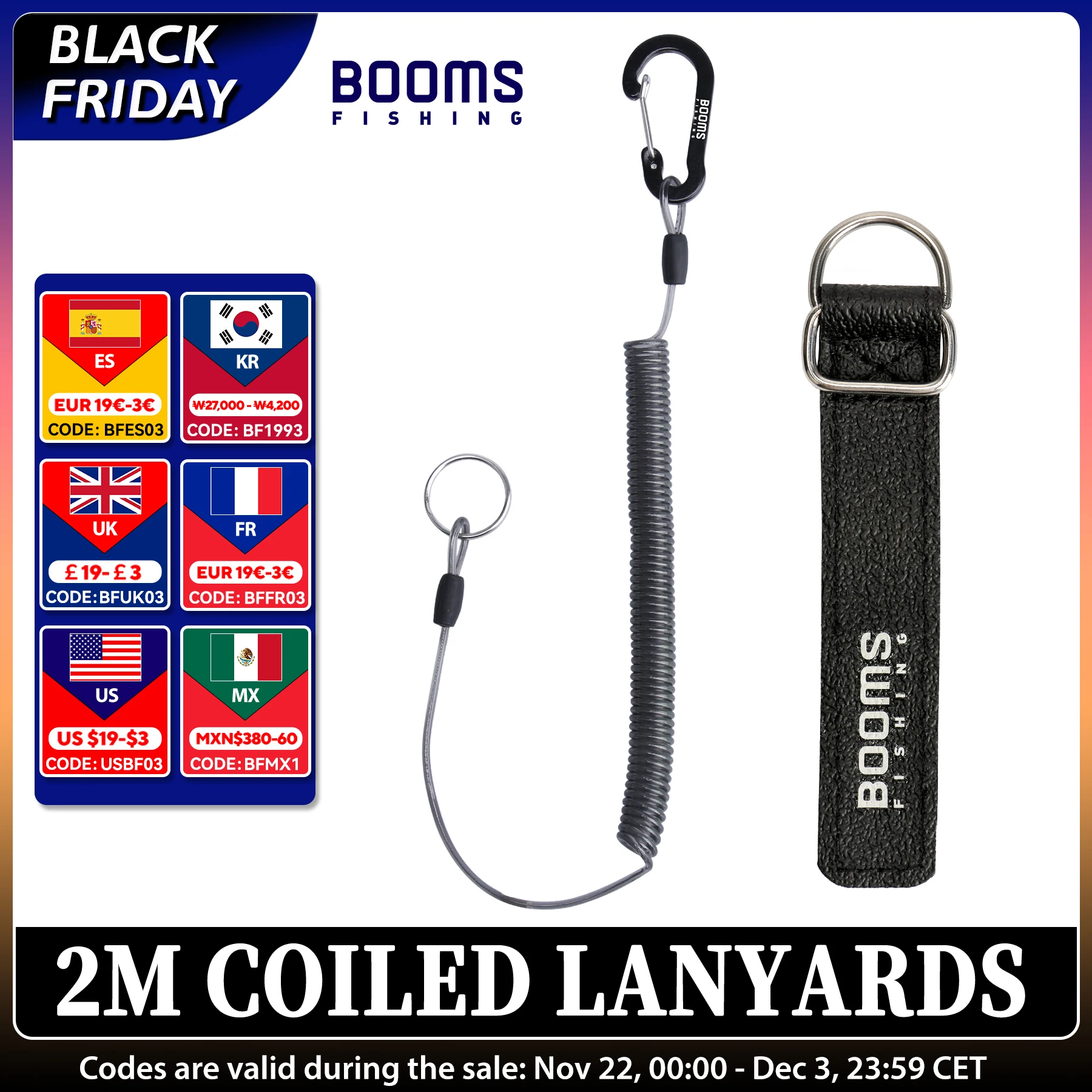 Booms Fishing T01 2M Coiled Lanyards Carabiner Clip with Rod Straps for Fishing Rod and Landing Net