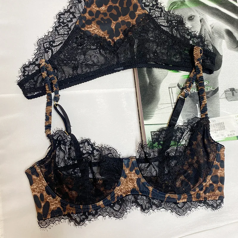 Sexy lingerie female leopard satin splicing lace bra set push up large size underwear breathable women bralette