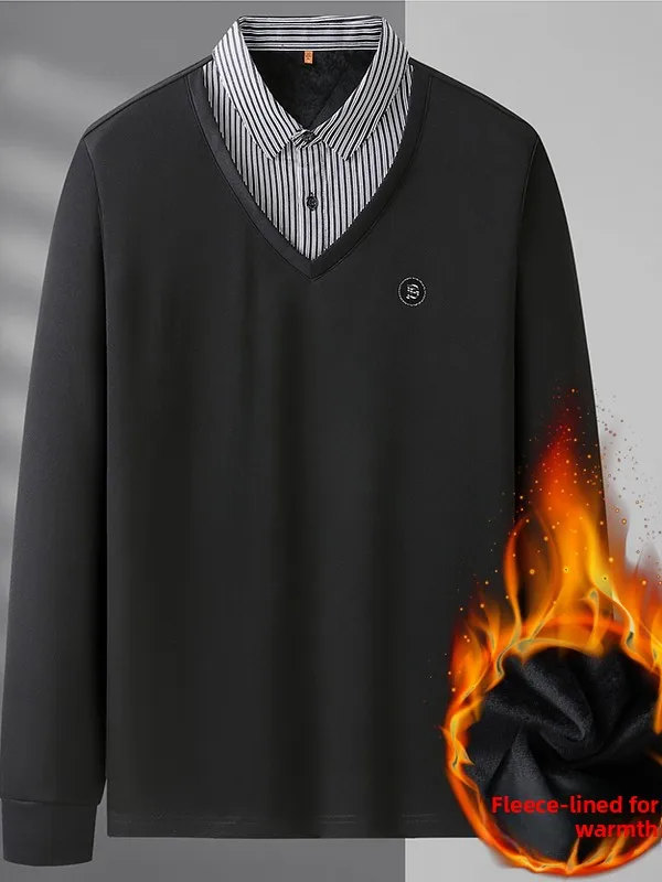 

plus Size Men's Fce Lined V-Ne Knitwear Warm Loose Base Layer irt Busin Sle Casual Winter Polyester Blend