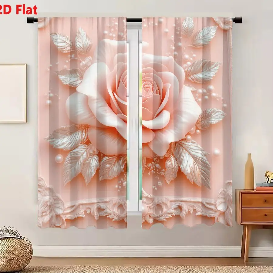 2Pcs Curtains 2D Flat 3D - Like Embossed Floral Artwork Pale Pink Rose With Layered Petals And Intricate Leaves Vintage Baroque