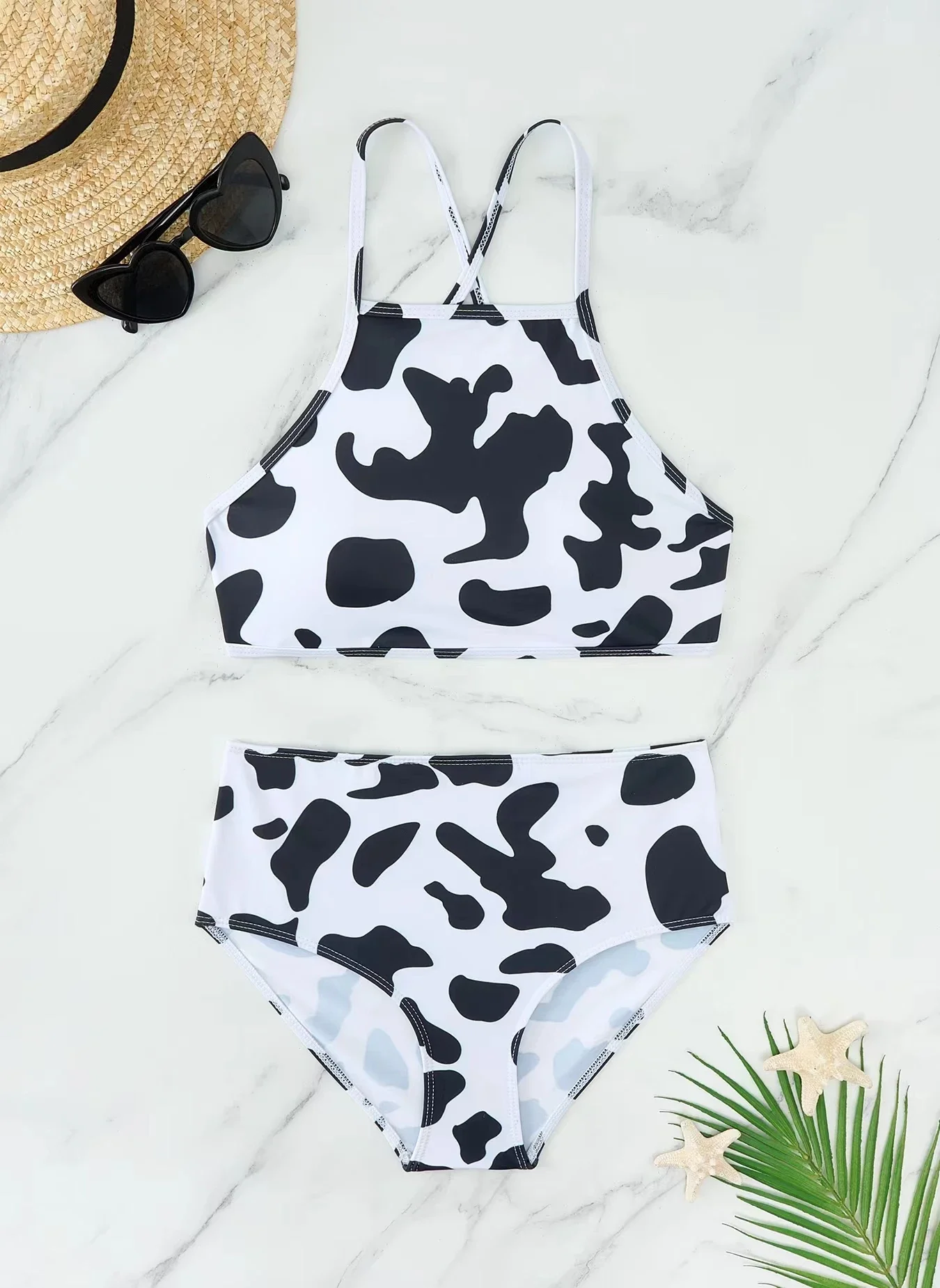 Bikinis de cuello alto para mujer, traje de baño de cintura alta, Top corto con estampado de vaca, conjunto de Bikini entrecruzado con cuello Halter, traje de baño para playa 2024