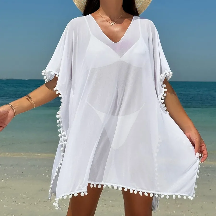 

Cover Up For Women Shirt Beach Dress Tunic Shirtdress 2024 Summer Dress White Pom Pom Cover Ups Beachwear Bathing Suit Holiday