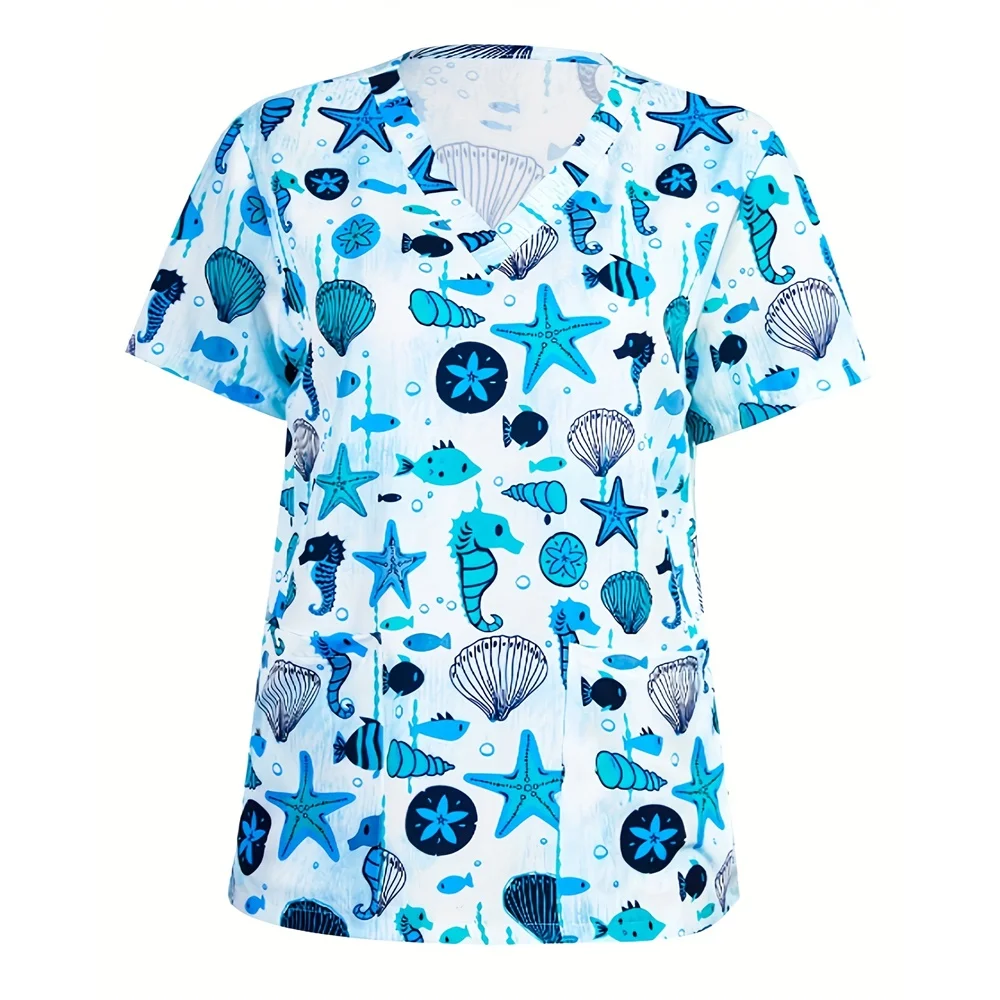 Nurse Uniform Women's Tops V Neck T Shirt Cat Dog Cartoon Printed Tops Uniform Short Sleeve Pockets Medical Female Nurse Uniform