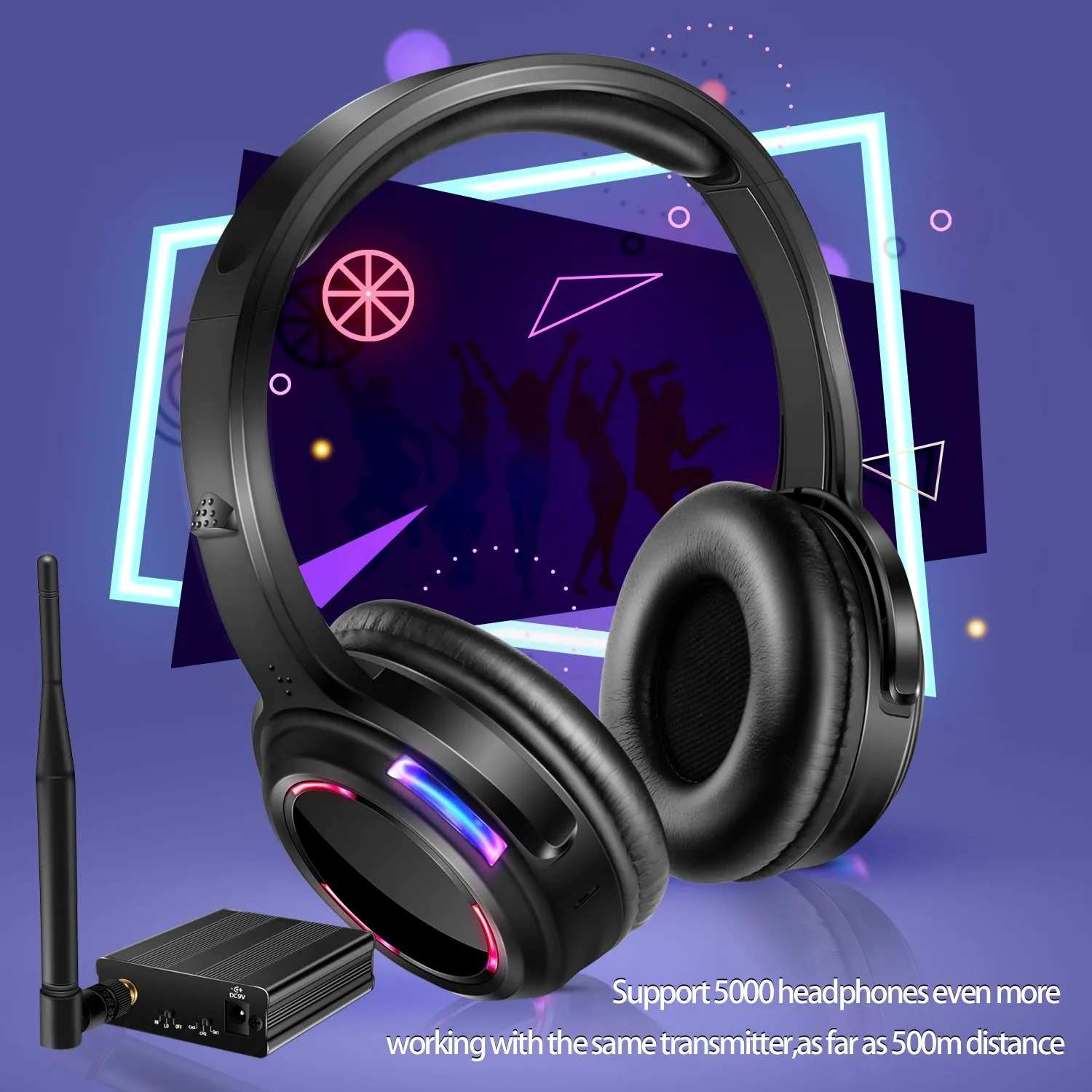 500m Distance Silent Disco Led Wireless Headphones -10 Headsets with 1 Transmitter