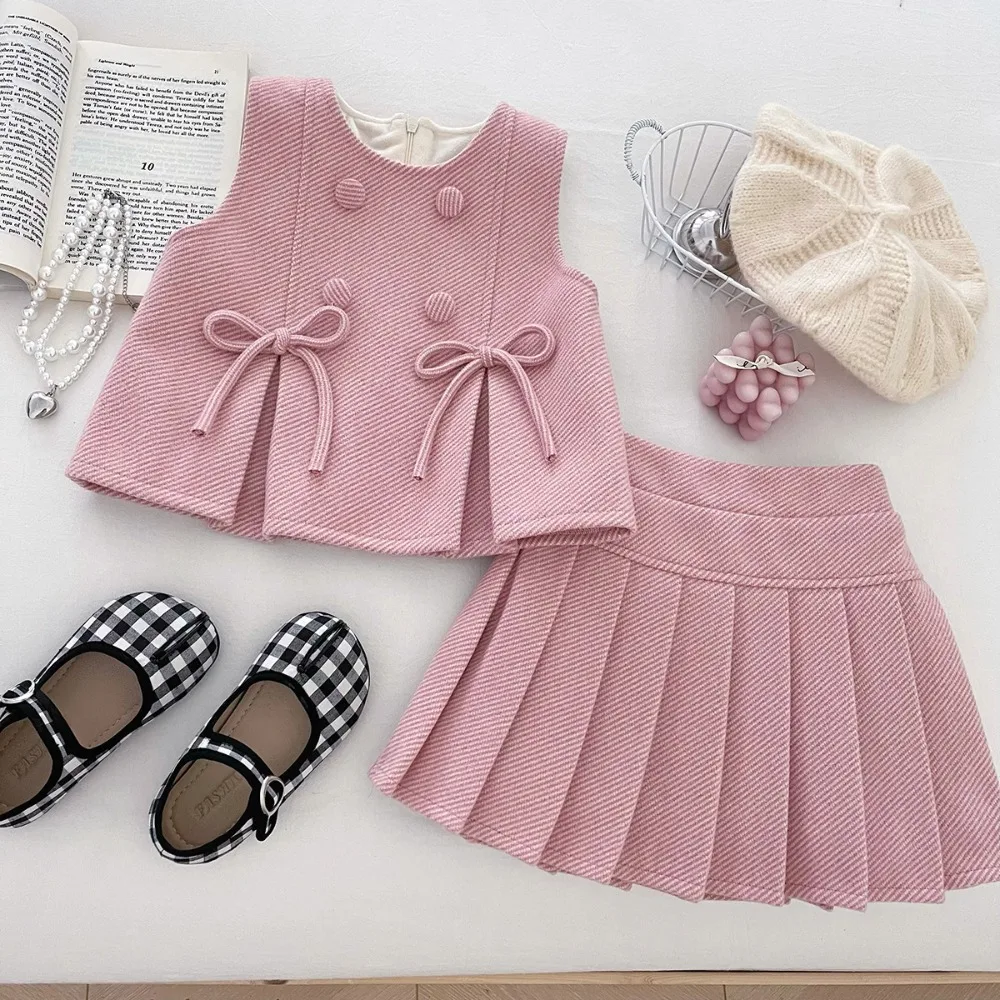 

Korean Version Pink and Blue Girls' Casual Suit with Bow Vest and Pleated Skirt Two Piece Set for Daily Wear