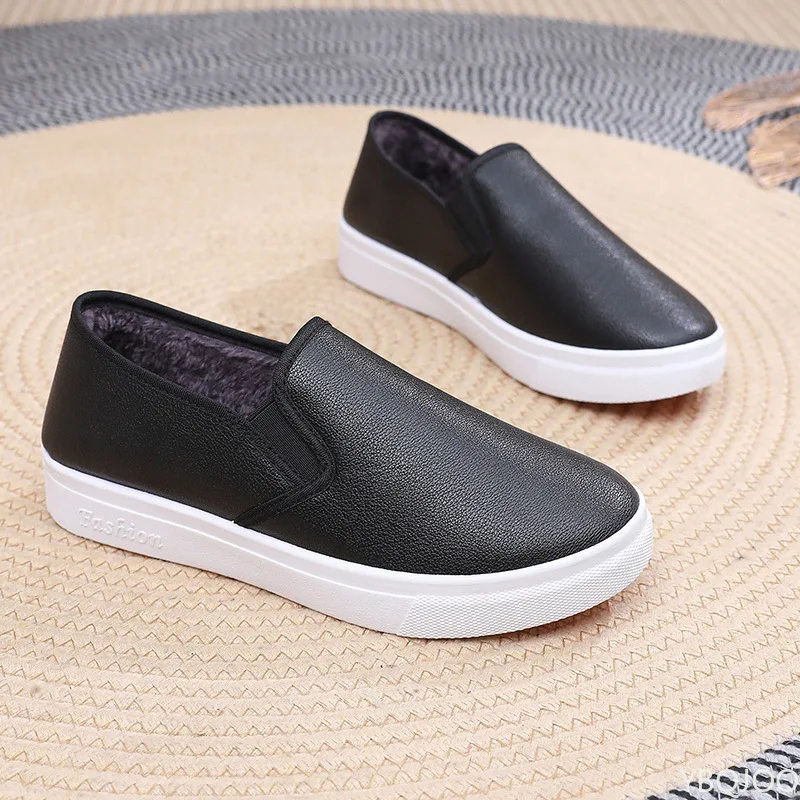Winter Women\'s Warm and Waterproof PU Work Cotton Shoes Versatile One Foot Casual Flat Bottom Anti Slip Vulcanized Board Shoes