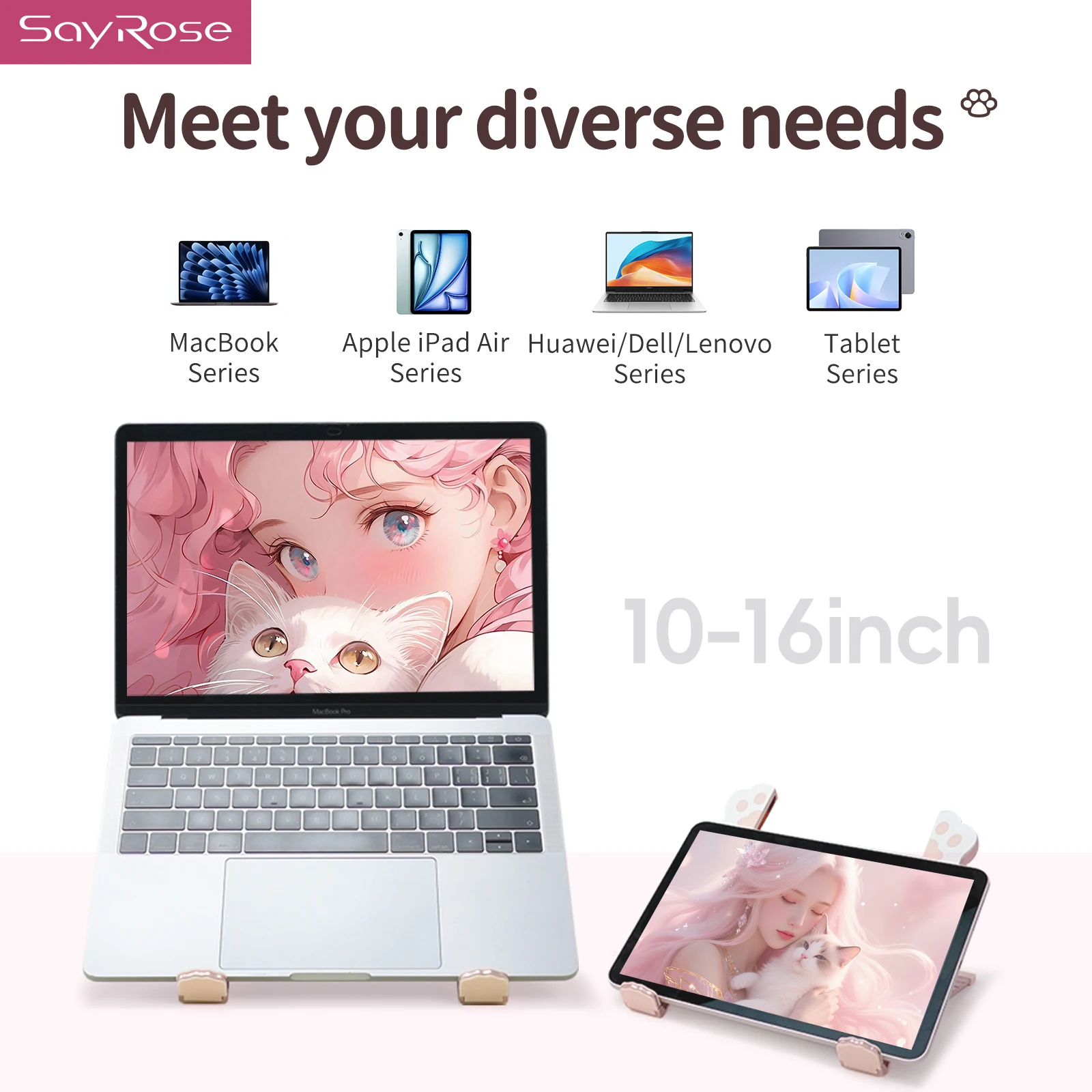 SayRose VX99 Cute Cat Paw Laptop Stand 6 Level Adjustable Foldable Aluminum Alloy Portable Cooling Notebook Riser for 10-16 Inch Laptop Tablet MacBook Gift for Girls