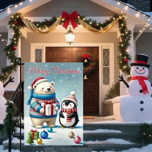 Christmas Garden Flag 12x18 Inch Double Sided Polar Bear and Penguin Gifts Ou... YYZ
