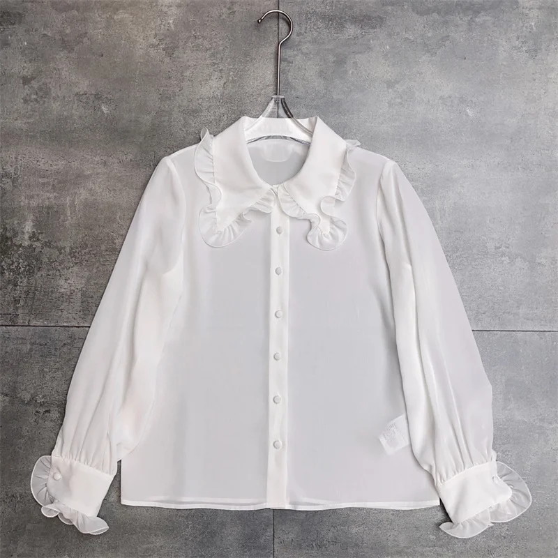 

Женская рубашка 2026, весенняя новинка, однобортный топ с лацканами и длинными рукавами, рукав в виде листьев лотоса, облегающая женская блузка, женские топы y2k