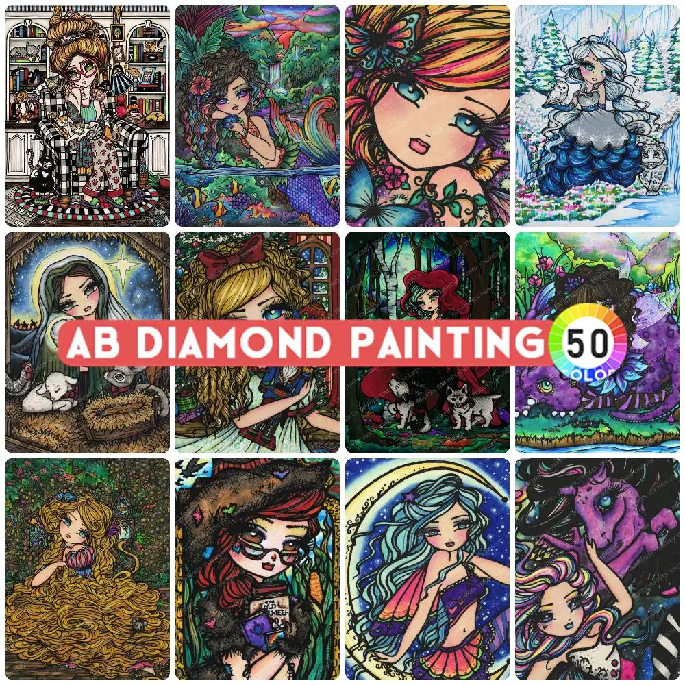 Diamond Painting Cartoon AB Northern Lights Crazy Cat Lady Girl Big Eyes Beauty Mosaic 5D DIY Crafts New Arrival Set Home Decor