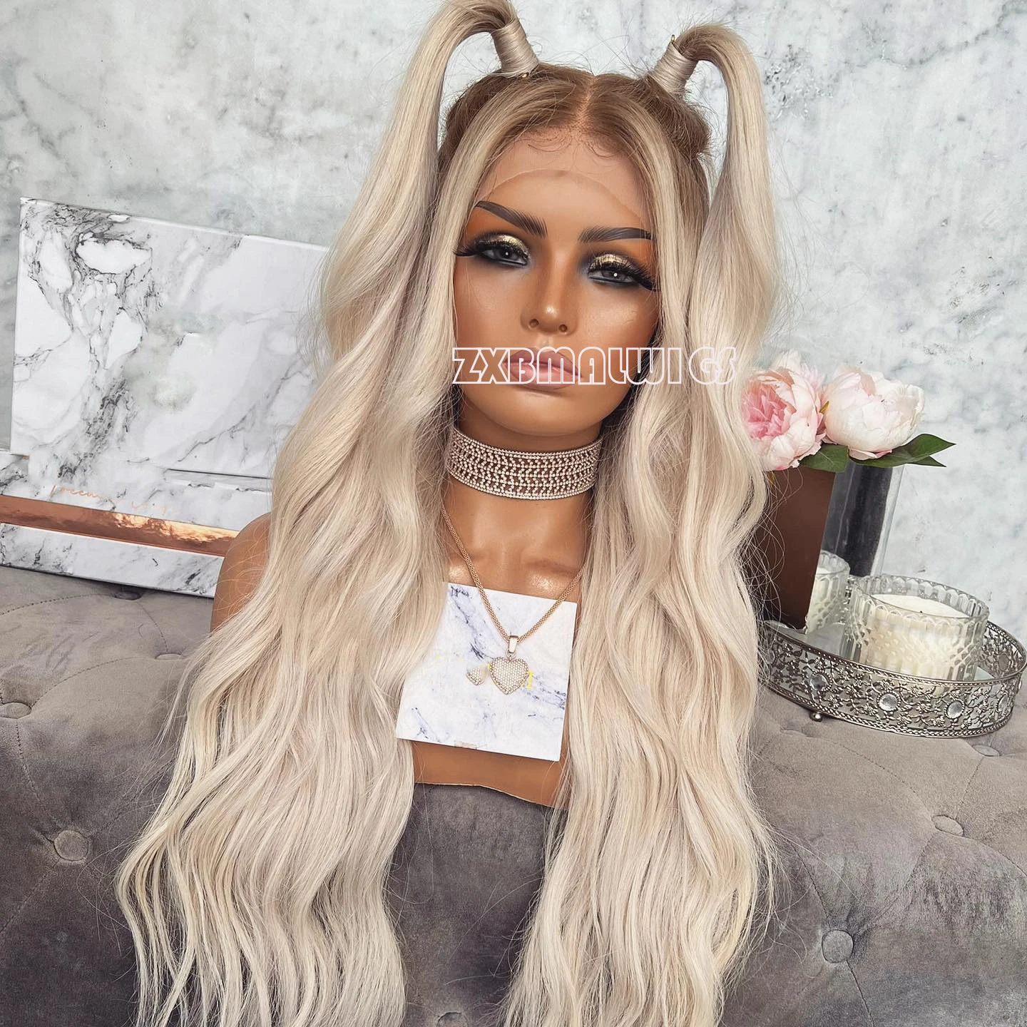 ZXBMALWIGS Synthetic 13X4 Long Wave Ombre Blonde Hair Lace Front Wigs for Women Glueless Cosplay Hair Heat Resistant Fiber