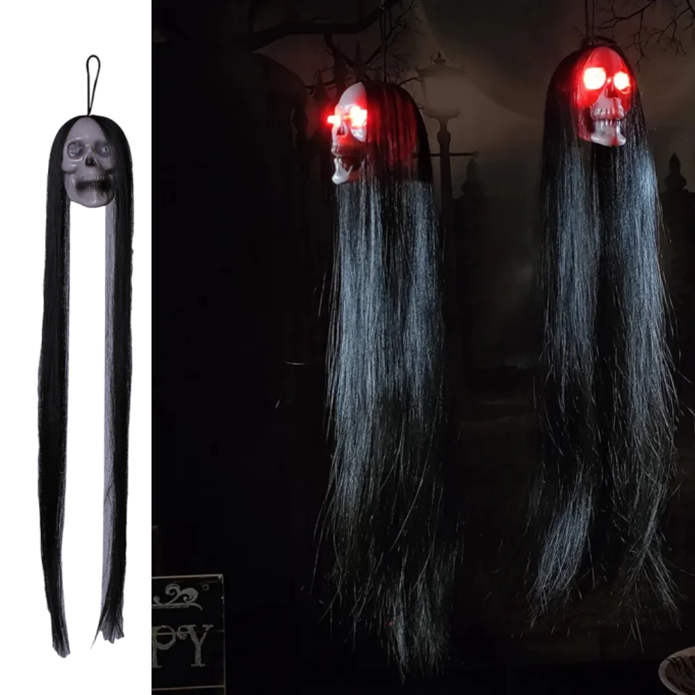 New 2024 Halloween LED Hanging Long Hair Skeleton Female Ghost Horror Luminous Eyes Skull Props Halloween Horror Decorative