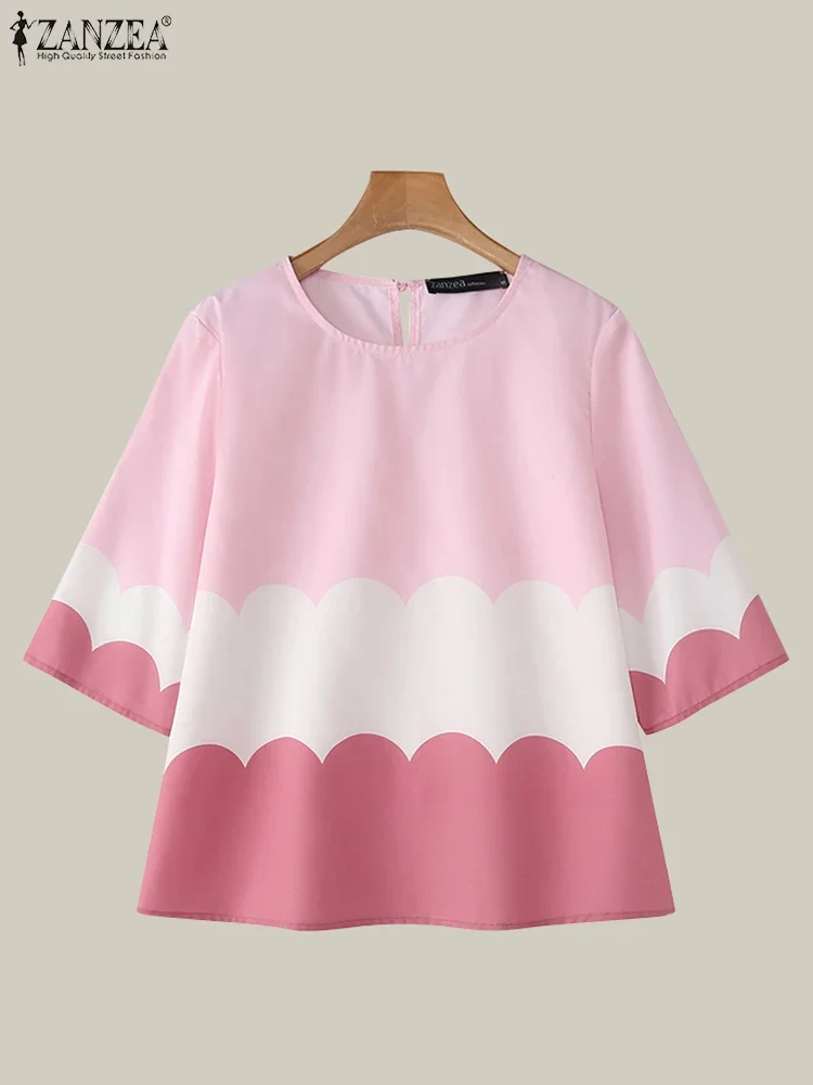 ZANZEA Women Blouses 2025 Fashion Vintage Casual Short Sleeve Colorblock Summer Blusas Tunics Casual O-neck Tops Streetwear