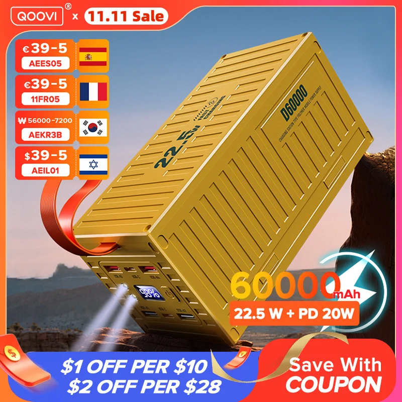 QOOVI 60000mAh Power Bank 22.5W PD QC 3.0 Charger Powerbank Large Battery Capacity Power Station Fast Charging For iPhone Xiaomi