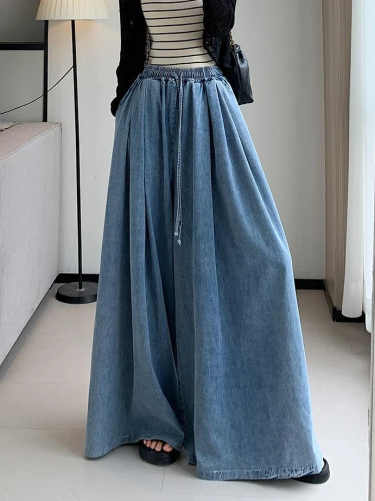 REALEFT خمر عالية الخصر المرأة الدنيم السراويل 2025 جديد الربيع الصيف الدانتيل متابعة عادية فضفاض فانوس واسعة الساق الجينز السراويل الإناث