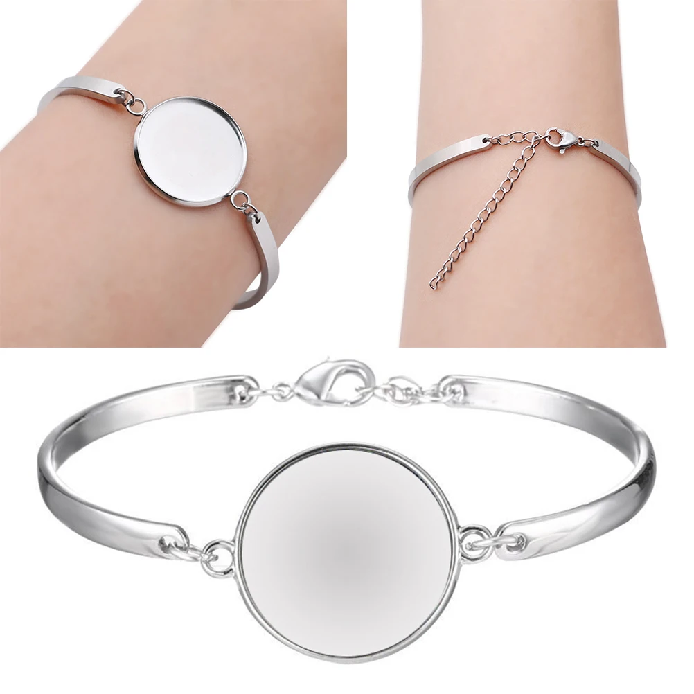 5 pcs 20Mm Stainless Steel Bracelets Round Plate Diy Jewelry Making Craft Resin Pendant Glass Chain Alloy Wristband For Women