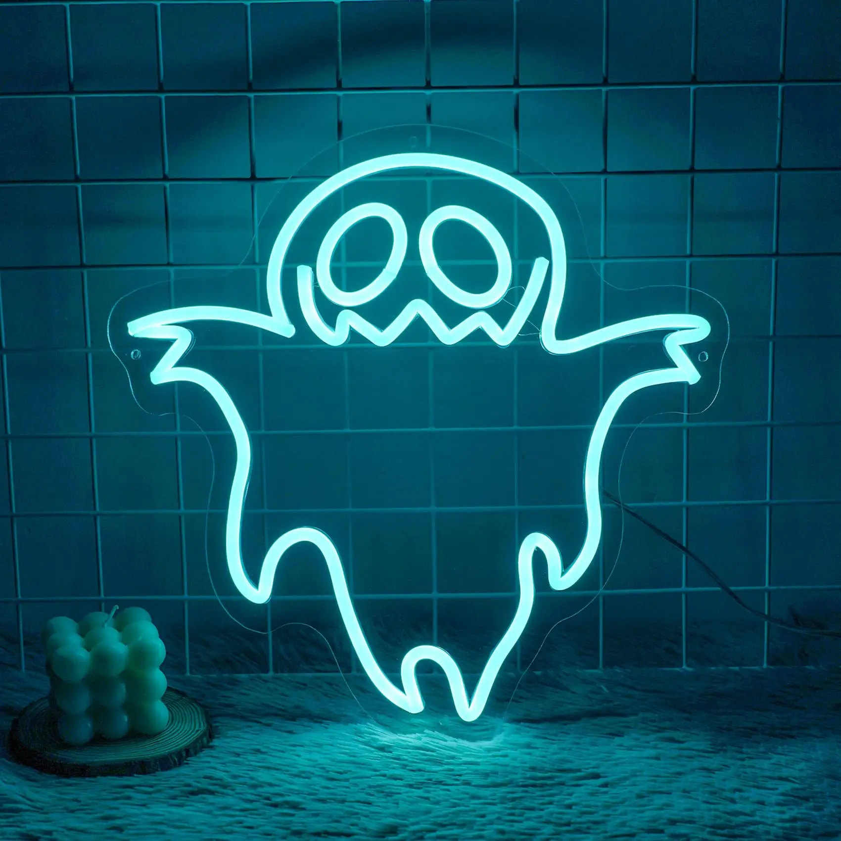 

Ghost Neon Sign Happy Halloween LED Neon USB Powered Ice Blue Ghost Grimace Neon for Bar Restaurant Halloween Party Decor