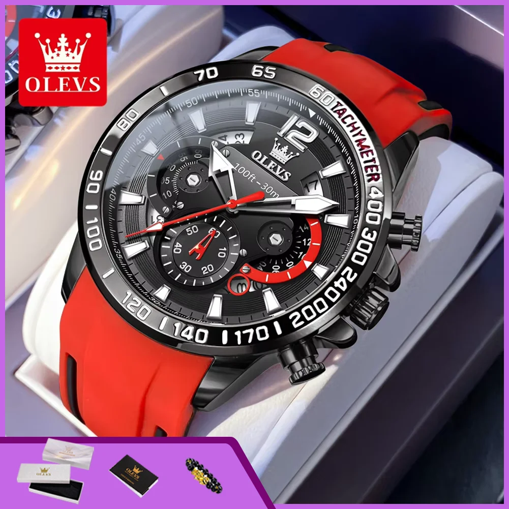 OLEVS 9936 Original Quarzuhr für Herren Silikonarmband Chronograph Wasserdicht Handzeiger-Uhr 46mm Großes Zifferblatt Sportuhr für Männer