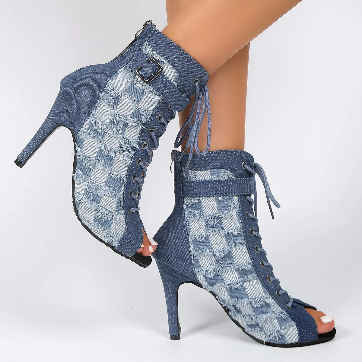 Sexy Peep Toe Denim Ankle Boots Women Stiletto High Heels Gladiator Summer Booties Woman Zipper Cross-Tied Dress Shoes Ladies