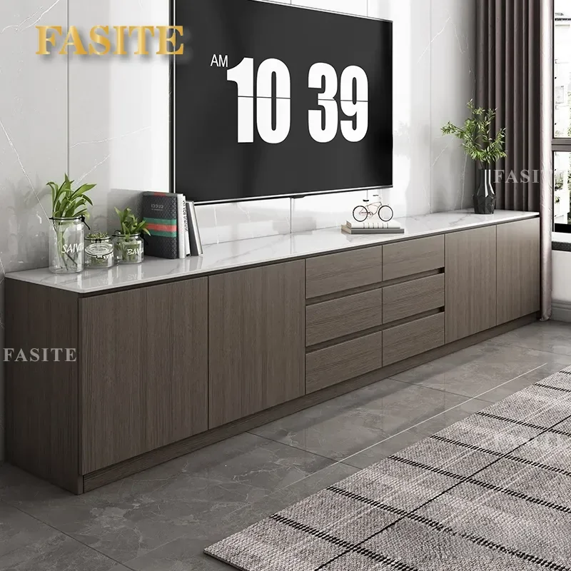 For Rock Slab TV Cabinet High Floor to Ceiling Living Room Home Storage Locker Integrated Coffee Table Combination Solid Wood